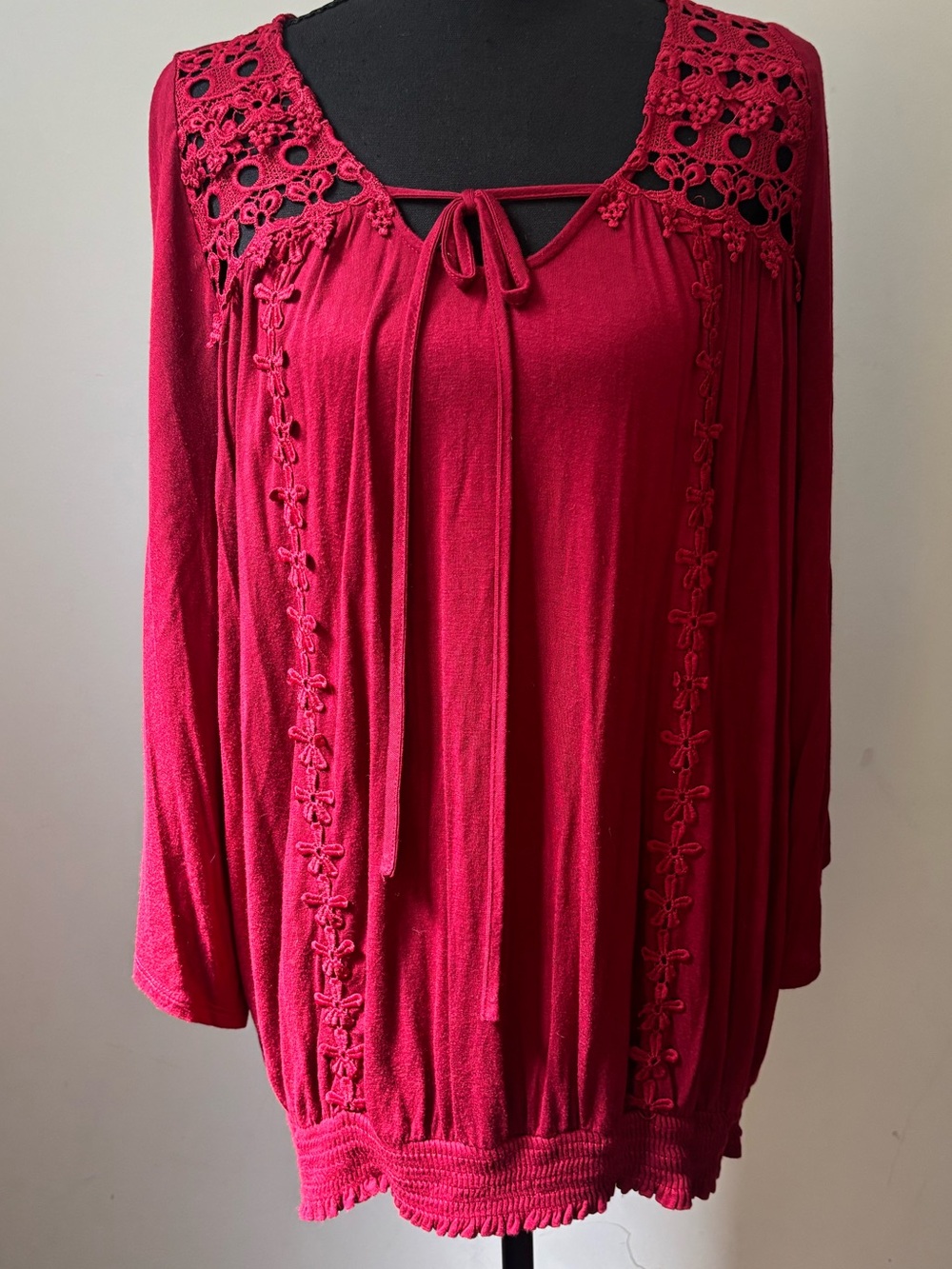 C Collection Women's Crochet Yoke Long Sleeve Top - Wine Size XL - Picture 2 of 5